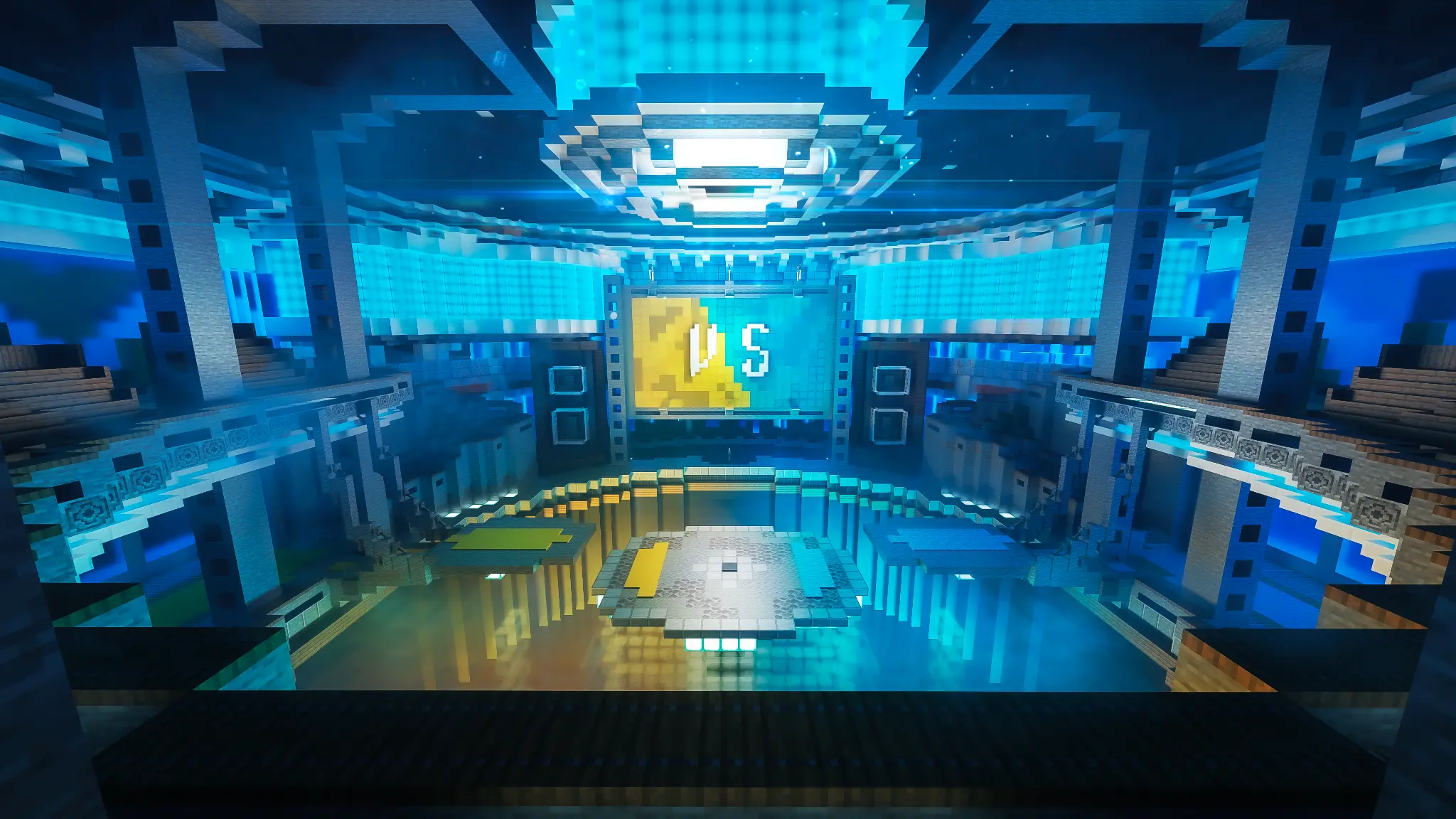 Otheryia Battle Arena — a stunning Minecraft Cobblemon PvP stadium with blue lighting and a VS screen