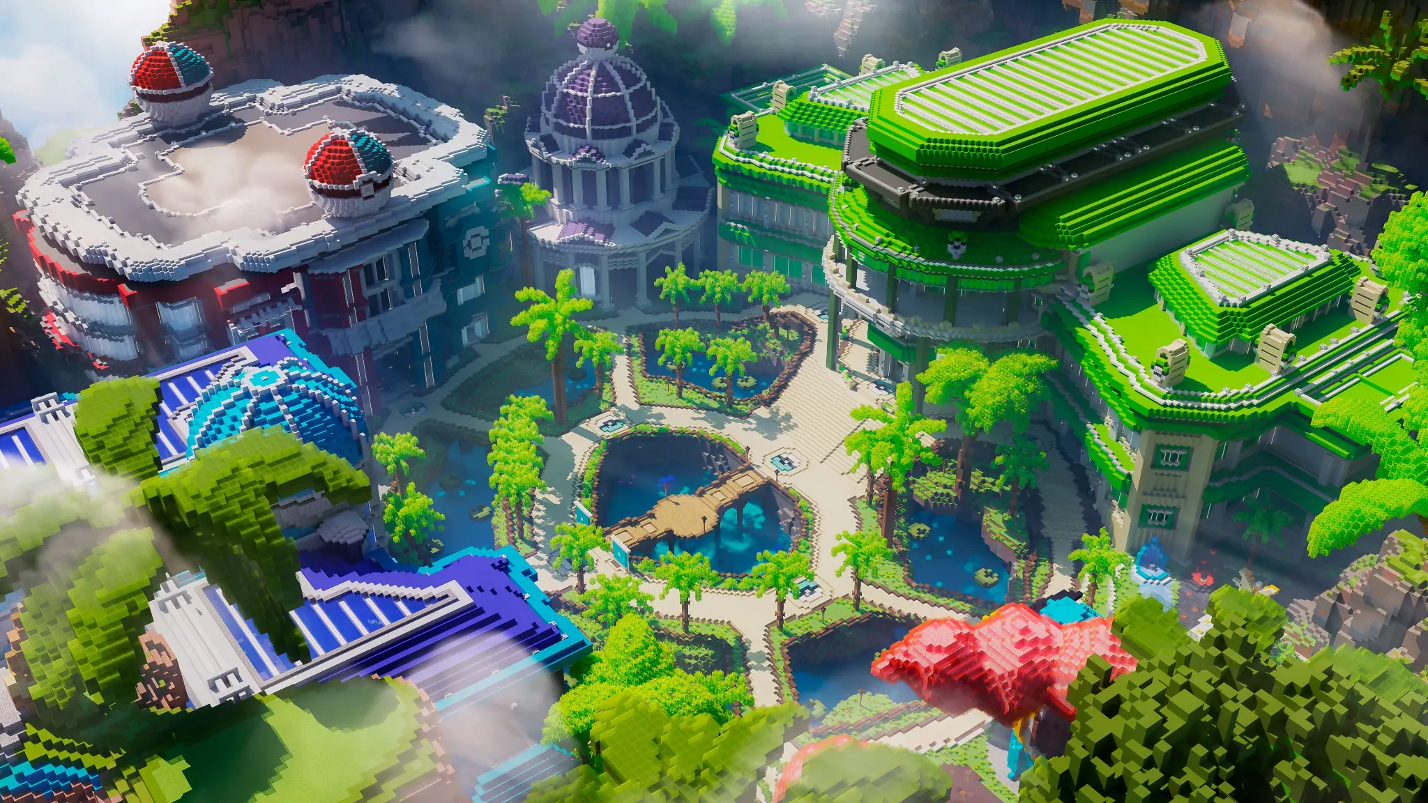 Otheryia Minecraft server spawn — a grand Cobblemon world with Pokéball buildings and lush gardens